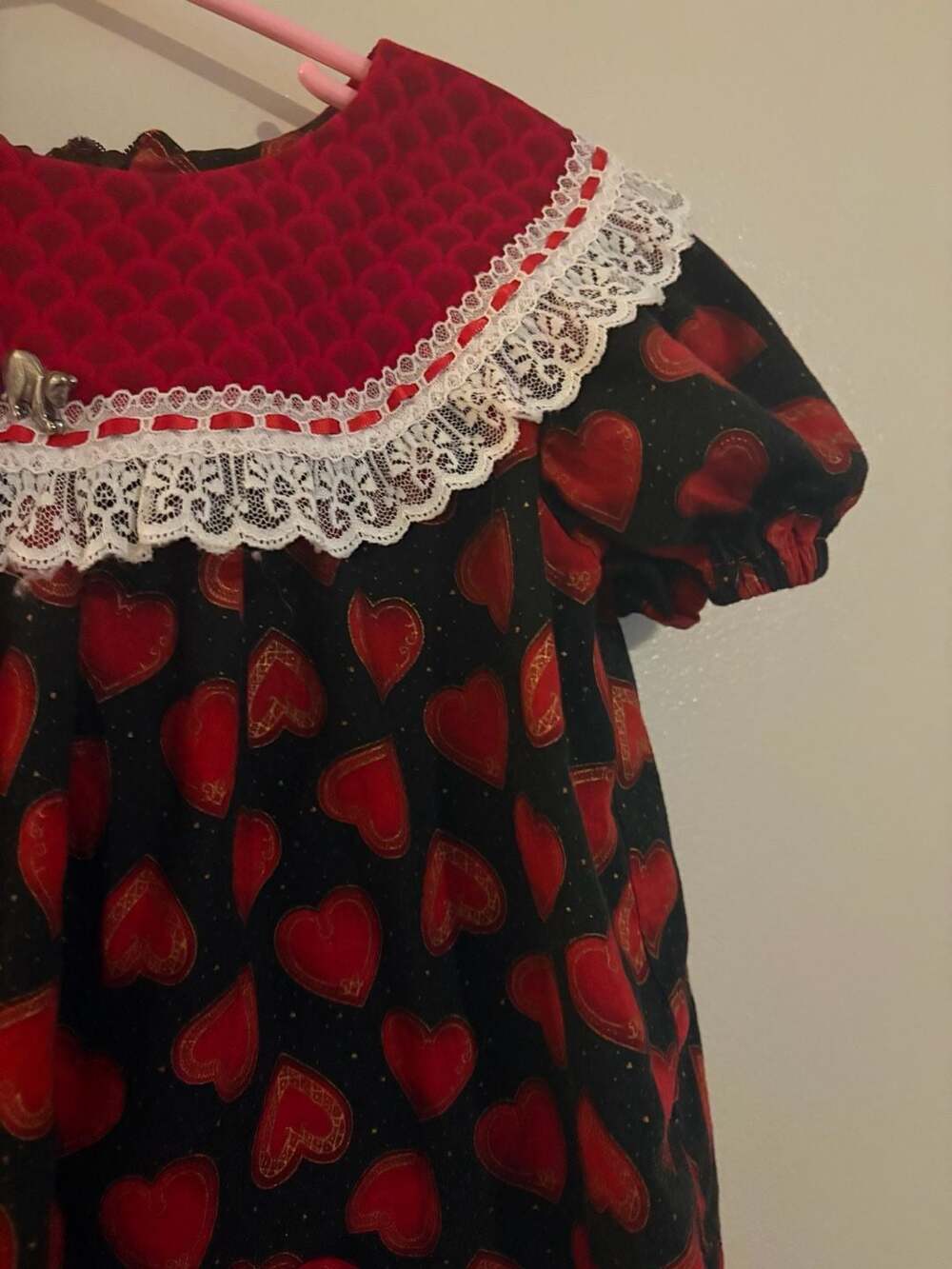 Vintage Handmade Girls Valentine's Day Heart Print Lace Collar Dress - Picture 5 of 6